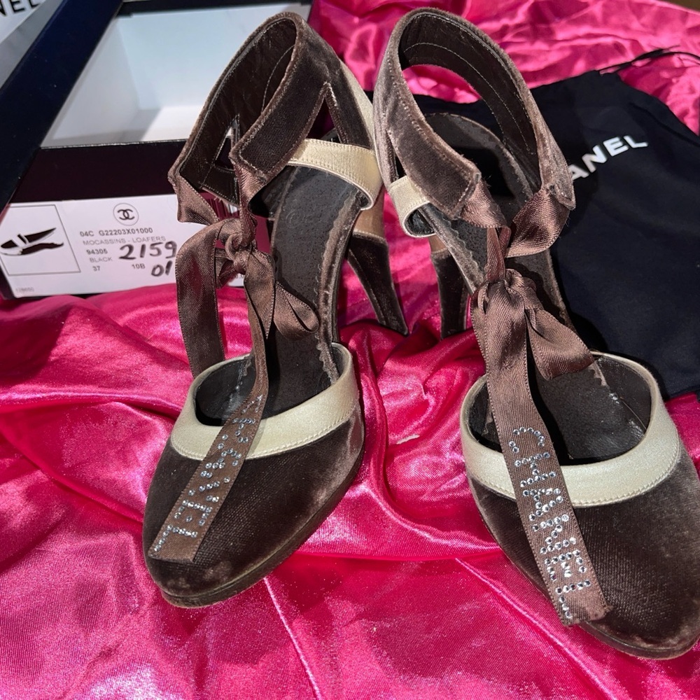 Chanel Brown Velvet Heels with Rhinestone Detail